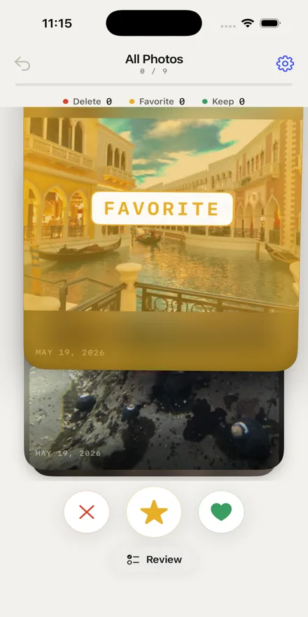 CleanRoll review screen: swipe a photo up to add it to Favorites